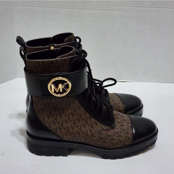 Michael Kors Tatum black and brown logo lace up biker boots size 8.5 new - Picture 5 of 13